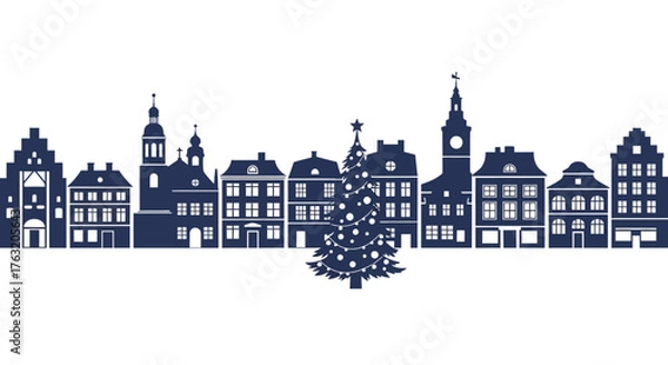 Fototapeta Charming european cityscape silhouette with historic buildings and festive christmas tree ideal for seasonal decor and travel themes isolated on white background