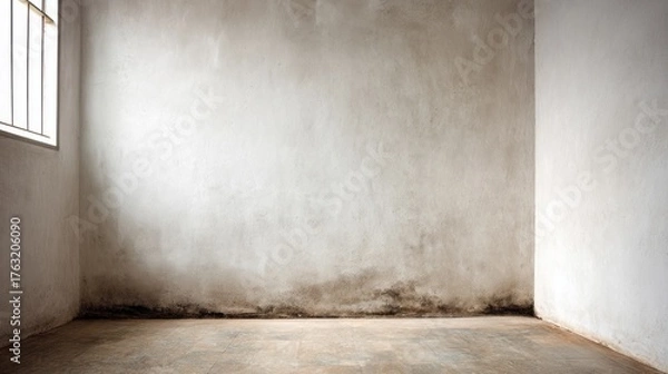 Fototapeta Bare room with dirty walls and a barred window reveals a grim interior.