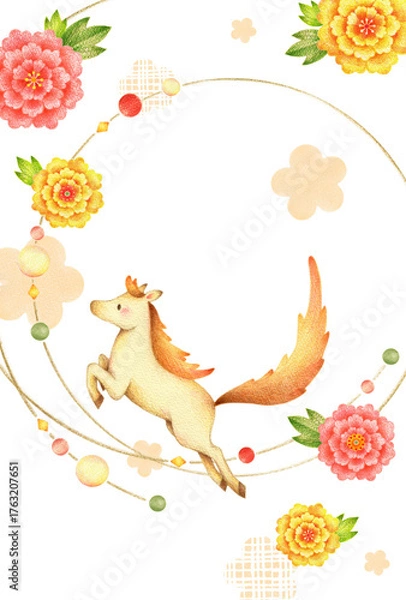 Fototapeta 飛び跳ねる白馬と牡丹の2026年の年賀状　手描き色鉛筆画