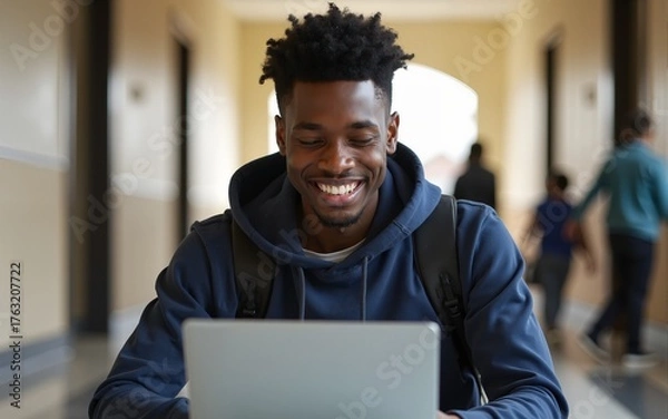 Obraz Black teenager using laptop while studying with his friends in high school hallway. High quality