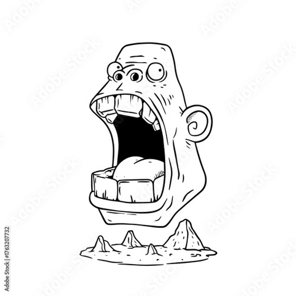 Obraz Surreal Floating Stone Head with Open Mouth Black and White Vector Illustration. vector illustration of a cartoon character