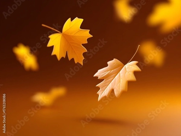 Obraz Stylized autumn leaves drift and float with soft motion blur against a warm amber gradient background