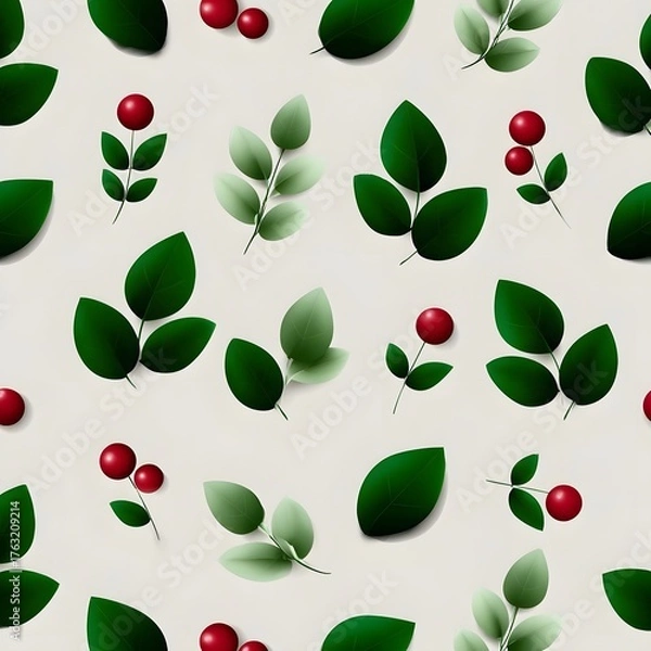 Fototapeta Seamless pattern of vibrant green leaves and bright red berries presented on a soft neutral background