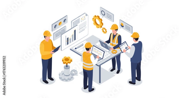 Fototapeta Engineers collaborating on project with data and charts in isometric design