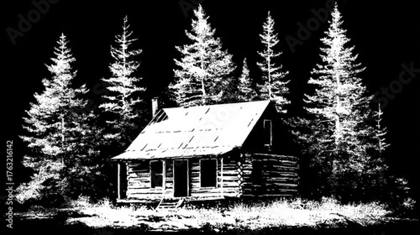 Obraz Cabin in the Woods, A simple graphic silhouette of a small log cabin surrounded by pine tree silhouettes on a black background. White shapes for the cabin and trees, Minimalistic design.
