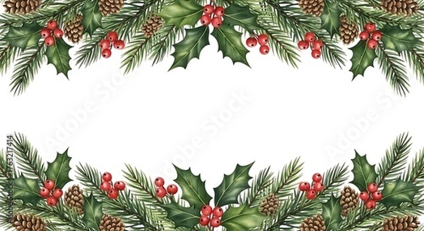 Fototapeta Festive watercolor garland border with evergreen branches pine cones and holly berries creating a beautiful christmas and holiday season frame for text or design elements