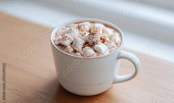 Obraz A Cozy Mug of Rich Hot Cocoa Topped with Fluffy Marshmallows and a Dusting of Cocoa Powder on a Wooden Surface. generative ai