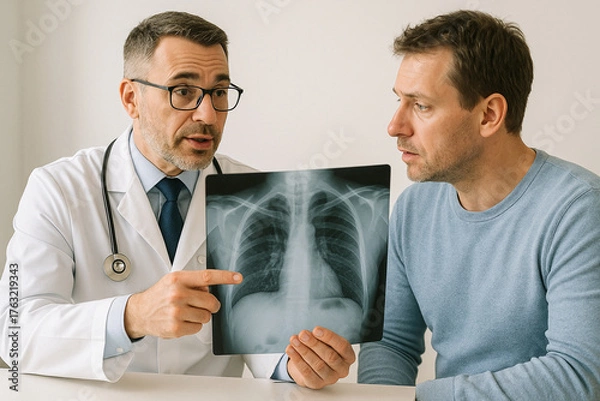 Obraz Medical consultation with a doctor showing a chest X-ray to a patient. Concept of healthcare, diagnosis, medical examination, and professional communication in a hospital environment.