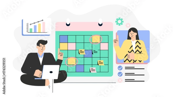 Obraz Employees Logging Progress in Productivity Tracker Flat Vector Illustration