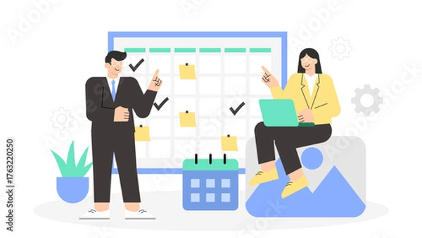 Obraz Marketing Team Scheduling Social Posts via Automation Tool Flat Vector Illustration