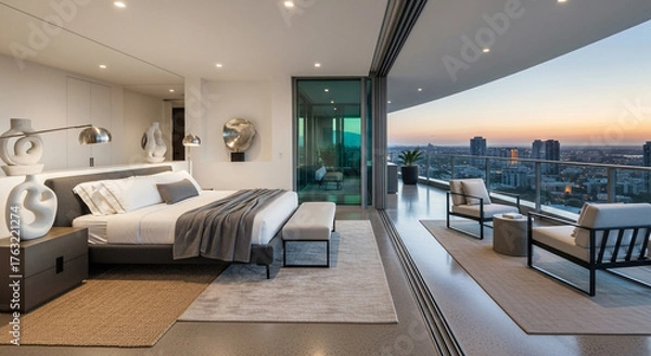 Obraz Luxurious modern bedroom with a stunning city view from a private balcony at sunset.