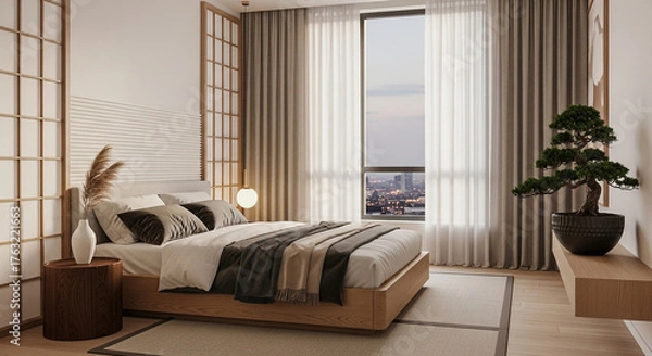 Obraz A serene bedroom with Japanese-inspired decor, featuring a low platform bed, shoji screens, and a bonsai tree.