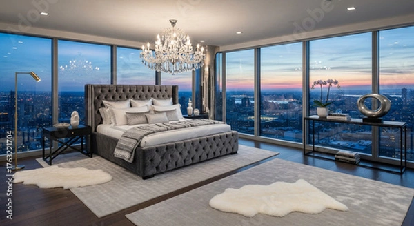 Obraz Luxurious bedroom with a king-size bed and stunning city views at sunset.