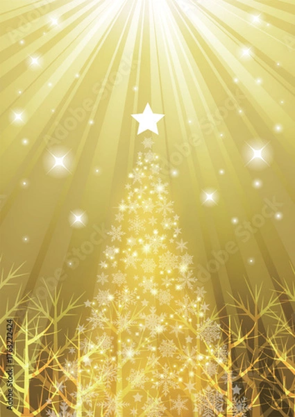 Fototapeta 森の中のクリスマスツリー、背景、イラスト、金、縦、かわいい、集中線