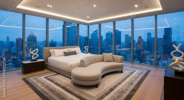 Obraz Luxurious modern bedroom with panoramic city views from floor-to-ceiling windows.