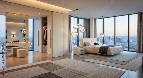 Fototapeta Luxurious modern bedroom with a stunning panoramic city view at sunset, featuring a king-size bed, vanity area, and ample closet space.