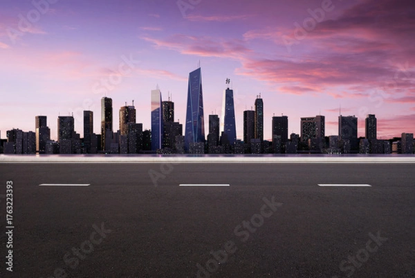 Fototapeta 3d rendering empty asphalt road with urban skyline at sunset