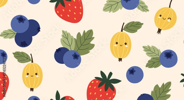 Fototapeta Seamless pattern with cute berries and fruits, including strawberries, blueberries, and gooseberries, on a light background, perfect for fabric, wallpaper, or d