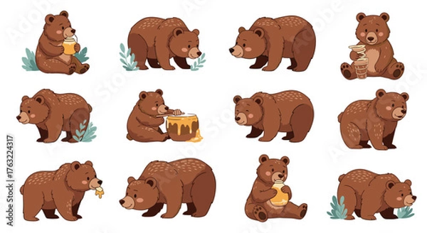 Fototapeta Set of cute brown bears in various poses eating honey.