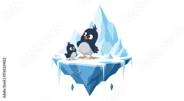 Fototapeta Two adorable cartoon penguins stand on a floating iceberg, looking curious and playful, against a clean white background.