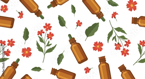 Fototapeta Seamless Pattern of Essential Oil Bottles and Botanical Elements.