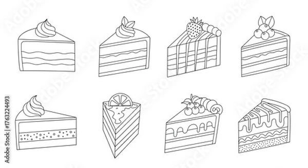 Fototapeta Collection of Hand-Drawn Cake Slices with Various Toppings and Layers.