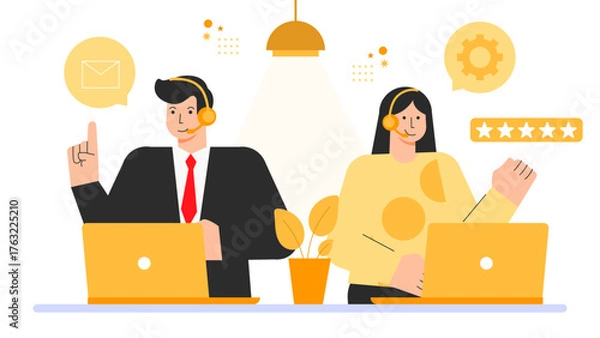 Obraz Customer Service and Support Team Concept Flat Vector Illustration