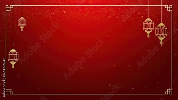 Fototapeta hinese New Year Red Background with Golden Lanterns and Festive Frame