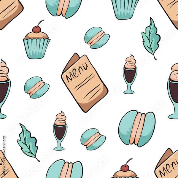 Obraz Pattern with a turquoise cocktail, menu, macaron, and leaves