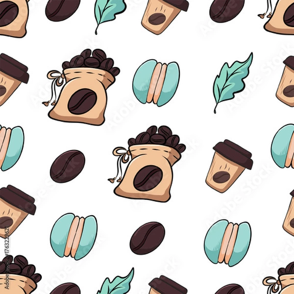 Fototapeta Pattern with coffee cups, macarons, and mint leaves