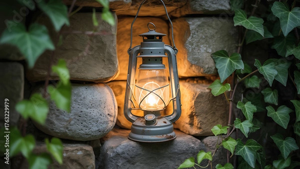 Fototapeta Vintage lantern glows warmly against a rustic stone wall surrounded by lush green ivy