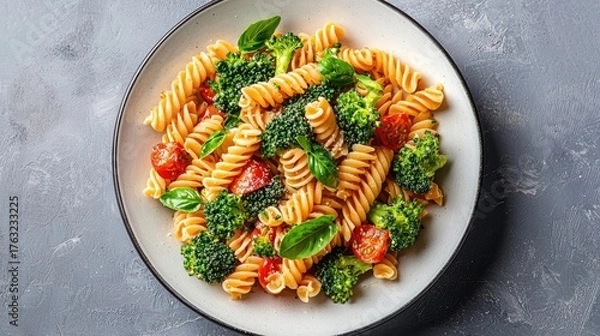 Fototapeta Colorful Plate of Rotini Pasta with Fresh Broccoli, Cherry Tomatoes, and Basil on Gray Surface