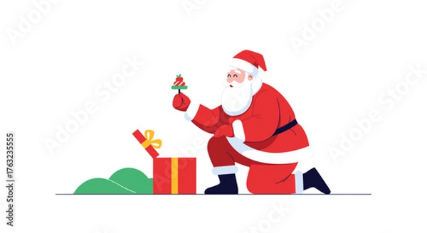 Obraz Santa Claus opening a Christmas present with joy.