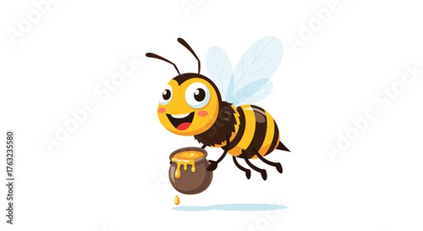Obraz Happy Bee Carrying Honey Pot Flying in the Air.
