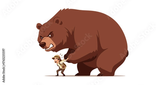 Obraz Angry bear chasing a small person in the wilderness.