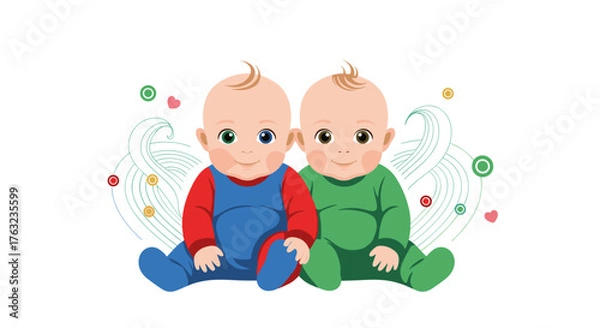 Fototapeta Adorable twins sitting together smiling and looking at the viewer.