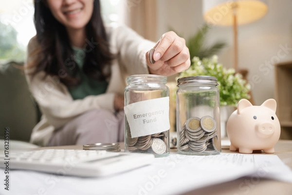 Fototapeta A woman putting coins into a jar labeled emergency fund with a piggy bank beside it, representing financial safety, savings planning, and personal finance management for future security.