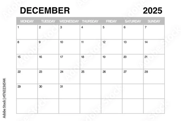 Obraz December 2025 Monthly Calendar Planner Template. 3d Rendering