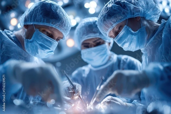 Fototapeta Skilled surgeons performing precise operation in sterile operating room.