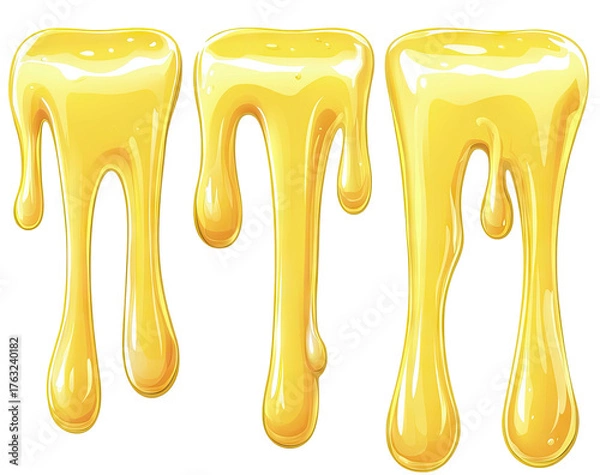 Fototapeta Three drips of golden, viscous liquid against a black background