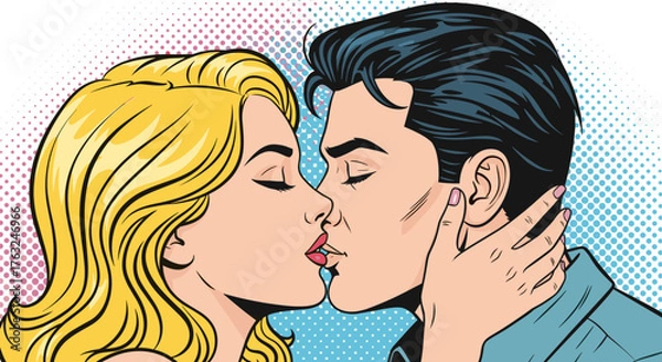 Obraz Romantic Kissing Couple in Pop Art Style Illustration.