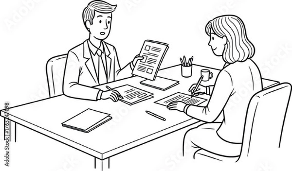 Fototapeta A black and white line drawing depicts a business meeting scenario. A man, dressed in a suit and tie, sits across a table from a woman. He is holding up a tablet or document, 
