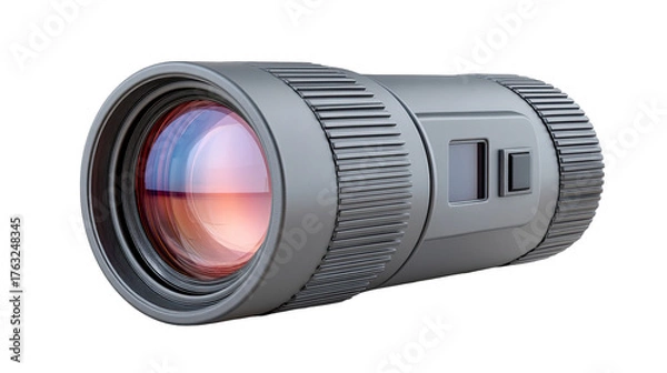 Obraz Monocular night vision device with reflective lens and metallic gray casing isolated on black background detailed texture