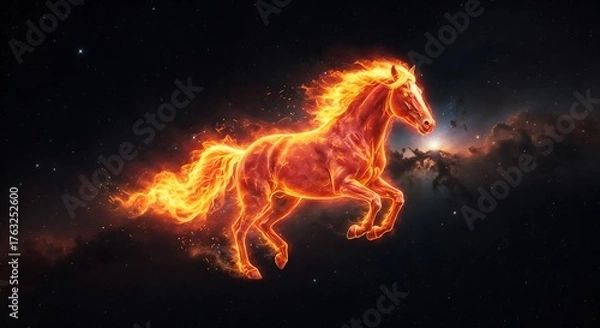 Fototapeta A fiery horse galloping through the vastness of space, representing the symbol of 2026