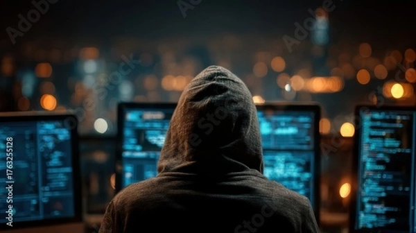 Fototapeta Hooded figure in front of multiple computer screens displaying code at night hacker technology