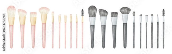 Obraz 水彩画風のピンク色と黒色のメイクブラシのイラストセット