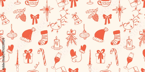 Fototapeta Hand drawn christmas seamless pattern with doodles elements for wrapping paper, greeting cards, fabric and holiday decorations