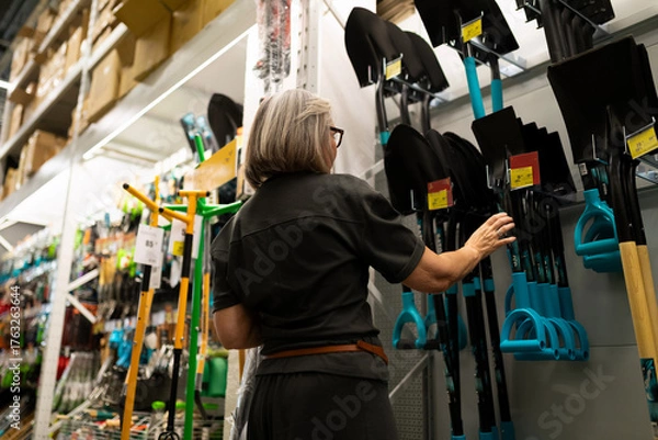 Obraz Choosing gardening tools in a store aisle with a focus on shovels and spades