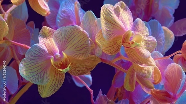 Fototapeta Orchid blossoms showcase vibrant, layered colors against a deep, contrasting backdrop