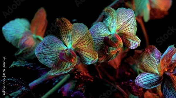 Fototapeta Orchids glowing with radiant orange and cyan hues, set against a dark backdrop